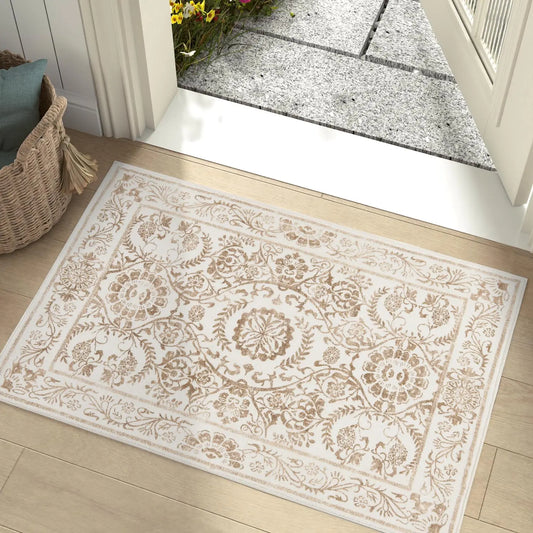 jinchan Area Rug 2x3 Entryway Floral Rug Washable Rug Vintage Rug Indoor Door Mat Retro Small Rug Non Slip Accent Rug Boho Soft Rug Carpet for Kitchen Bathroom Bedroom Taupe
